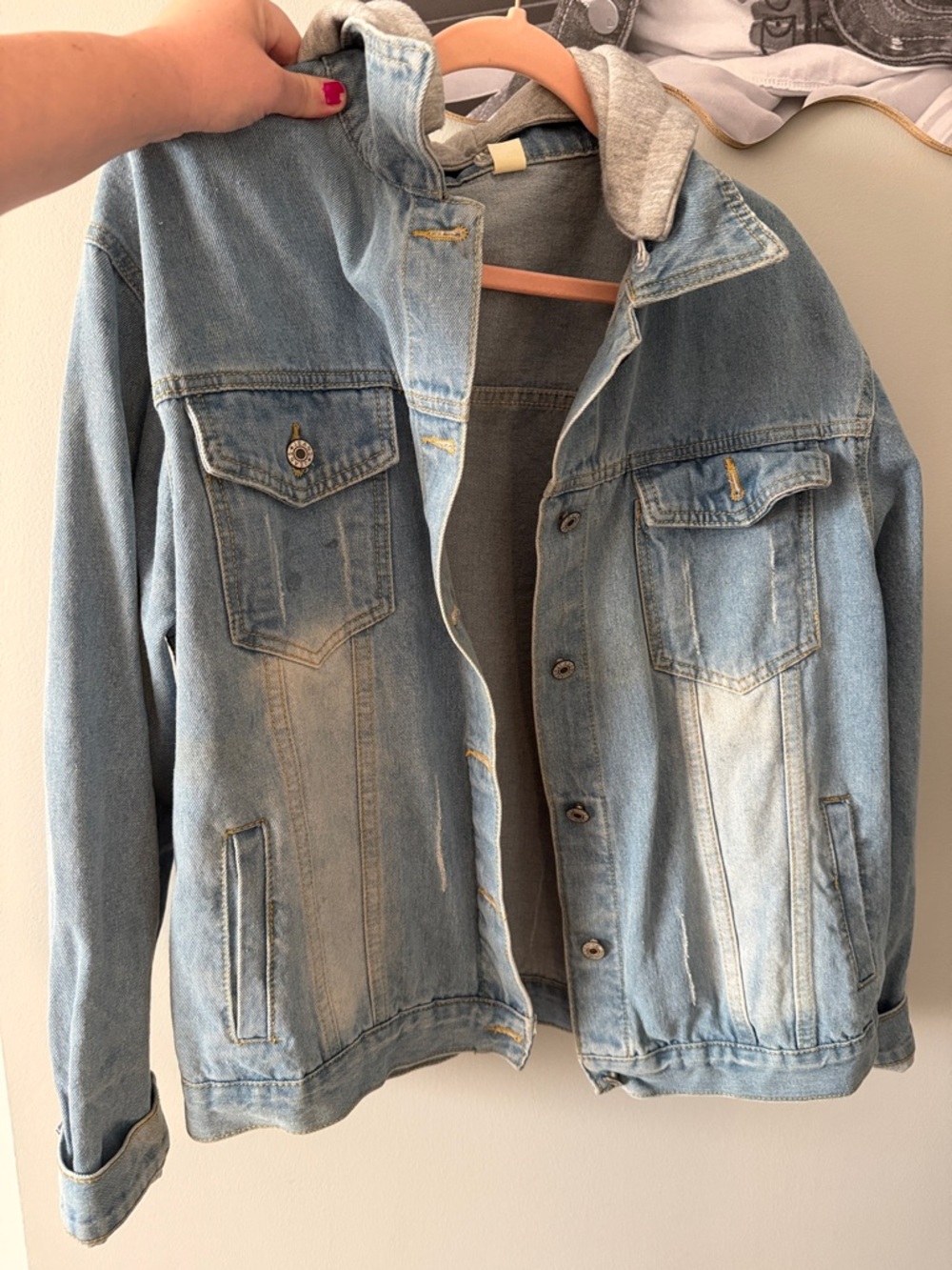 Light Wash Denim Jacket with Attached Gray Hood - Picture 6 of 7